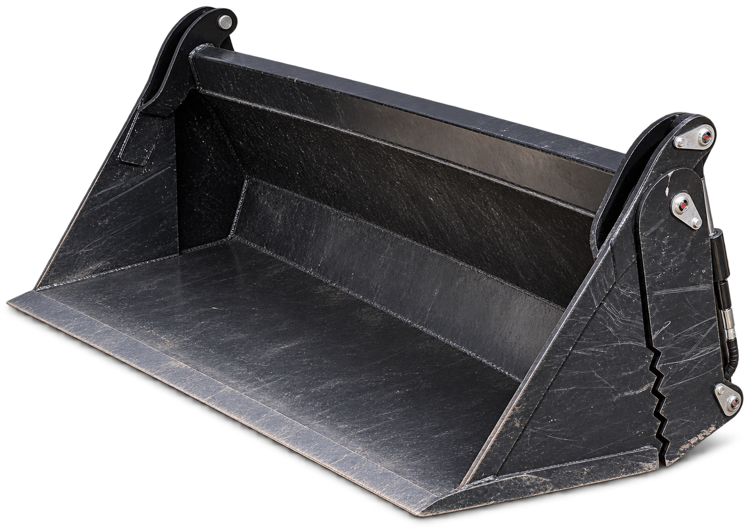 Photo-based AI illustration of the HW 4-in-1 loader bucket, rebuilt from our BULL working-machine photographs