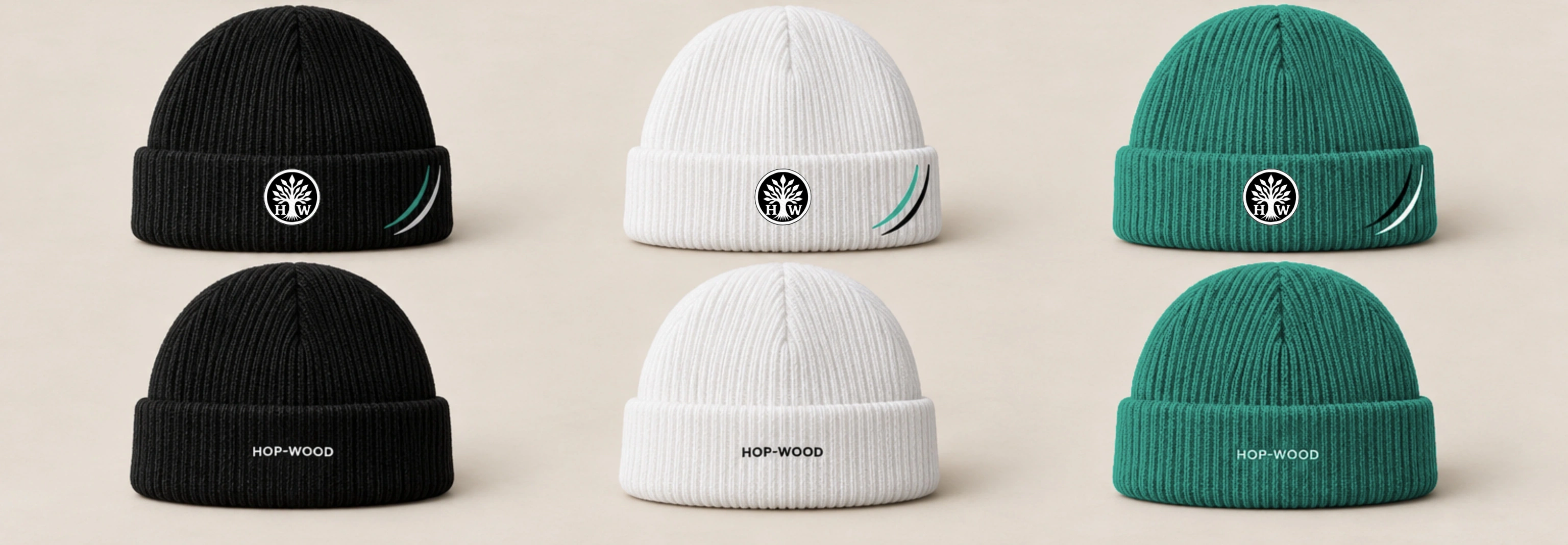 Cuffed beanie: black, white and green design previews with embroidered HOP-WOOD emblems