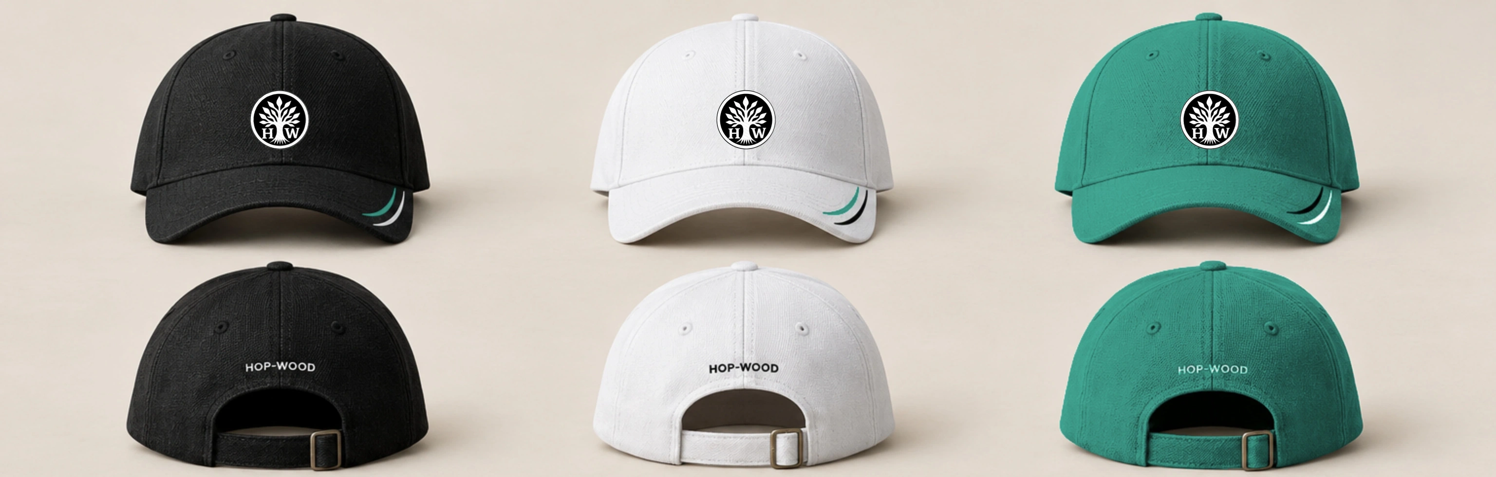 Structured cap: black, white and green design previews with embroidered HOP-WOOD emblems