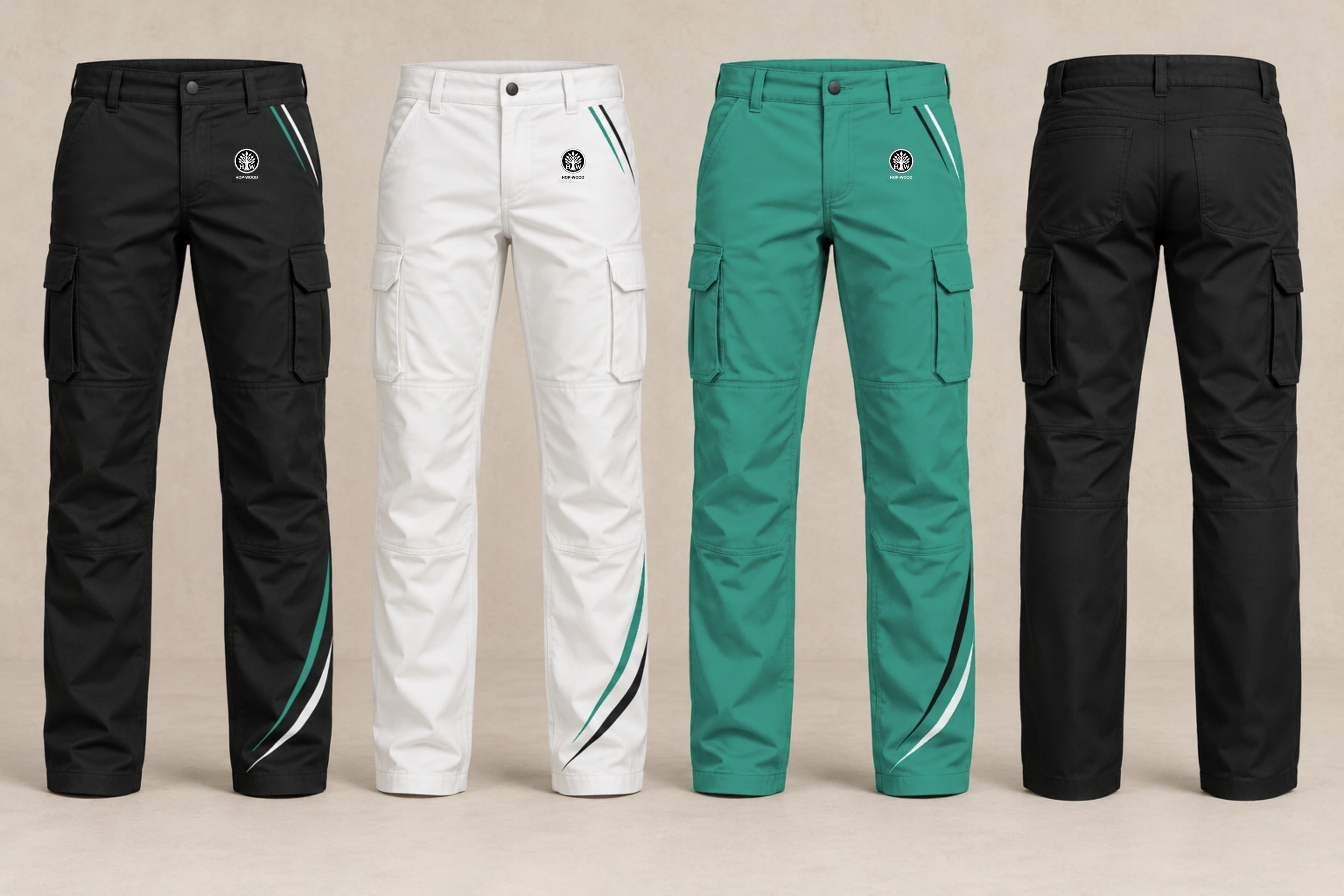 Cargo work trousers: black, white and green design previews with embroidered HOP-WOOD emblems