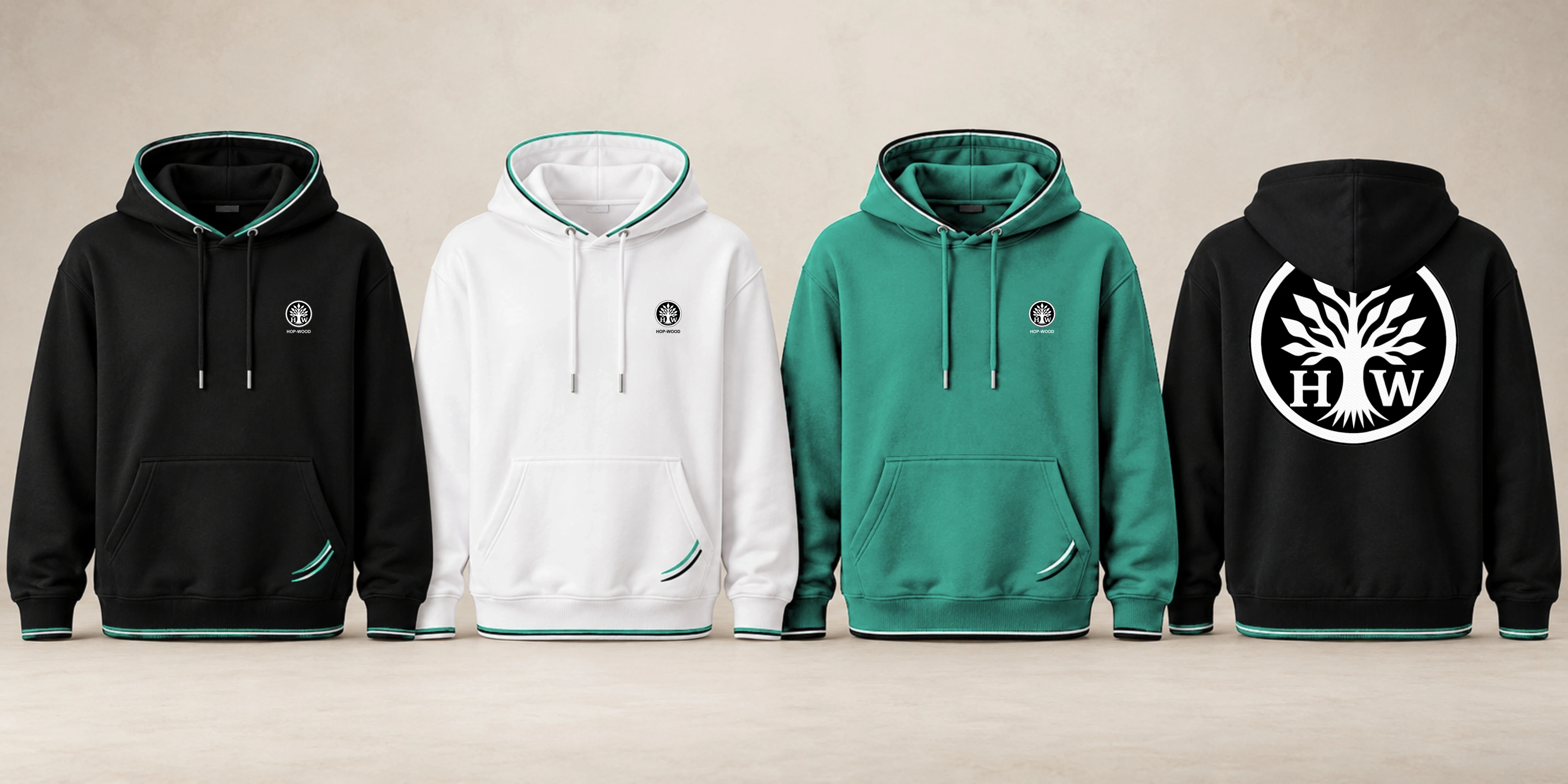 Hoodie: black, white and green design previews with embroidered HOP-WOOD emblems