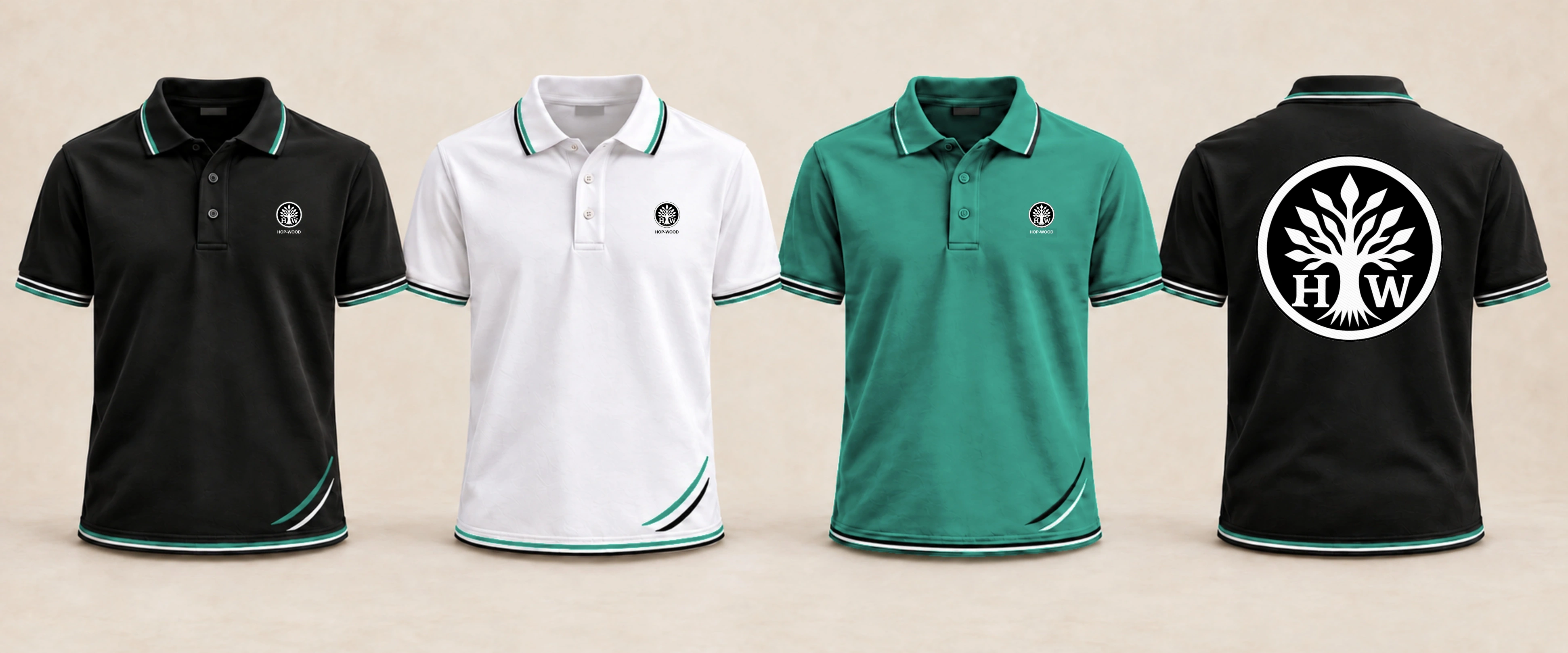 Polo shirt: black, white and green design previews with embroidered HOP-WOOD emblems