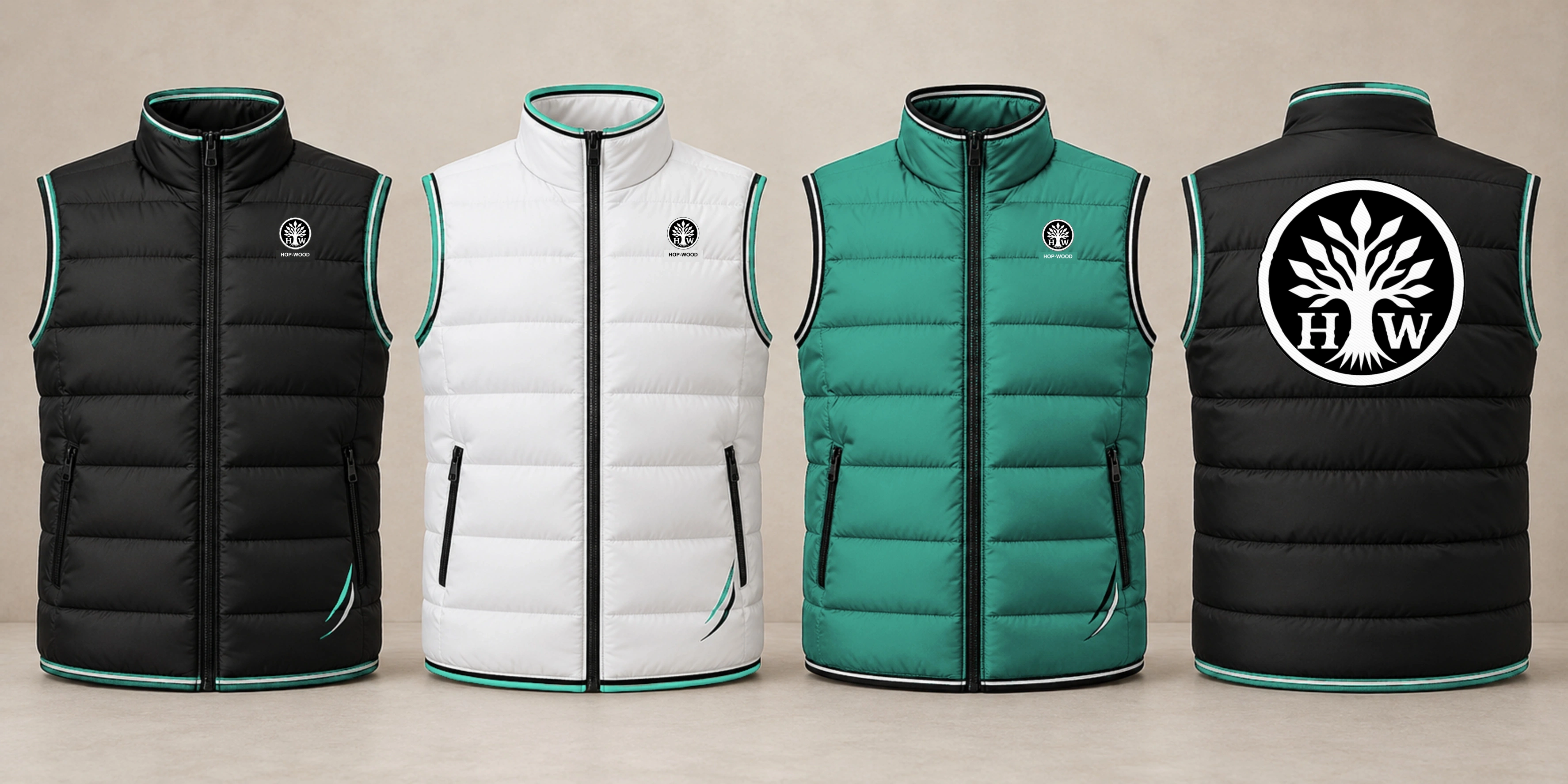 Padded bodywarmer: black, white and green design previews with embroidered HOP-WOOD emblems