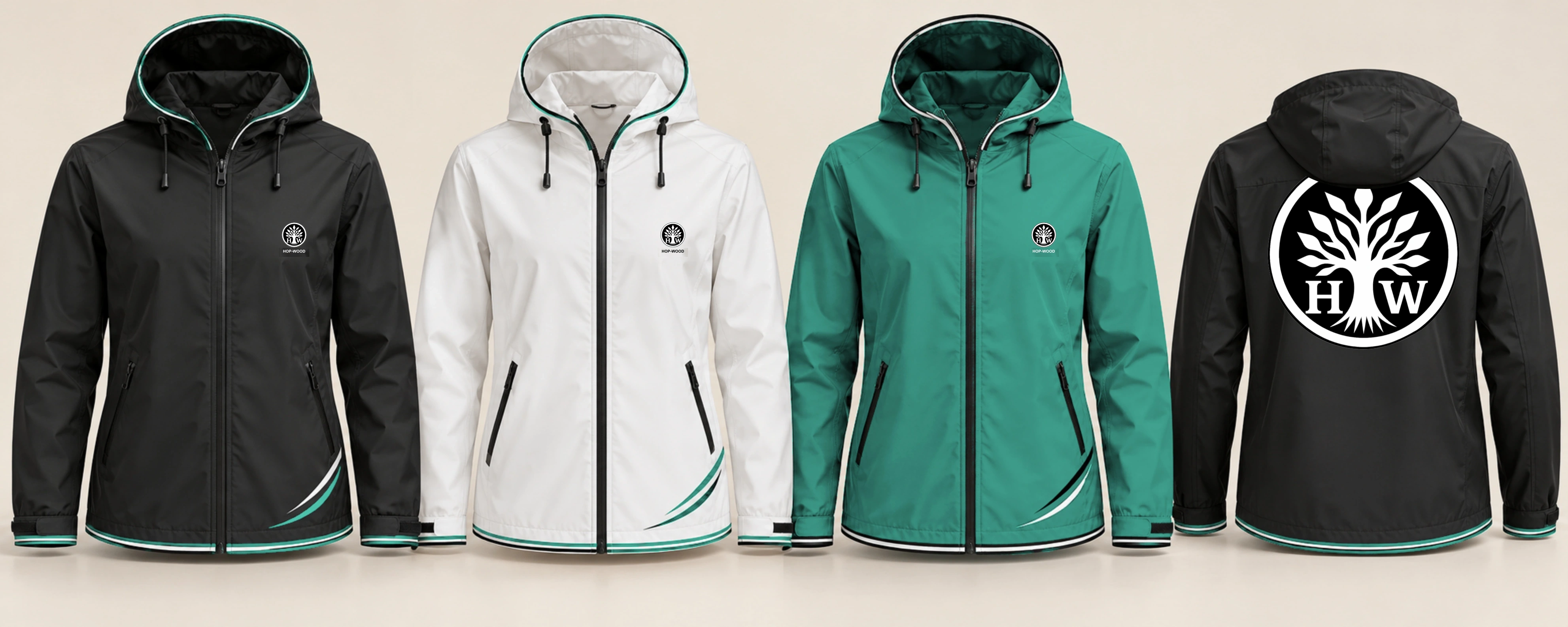 Rain jacket: black, white and green design previews with printed HOP-WOOD emblems