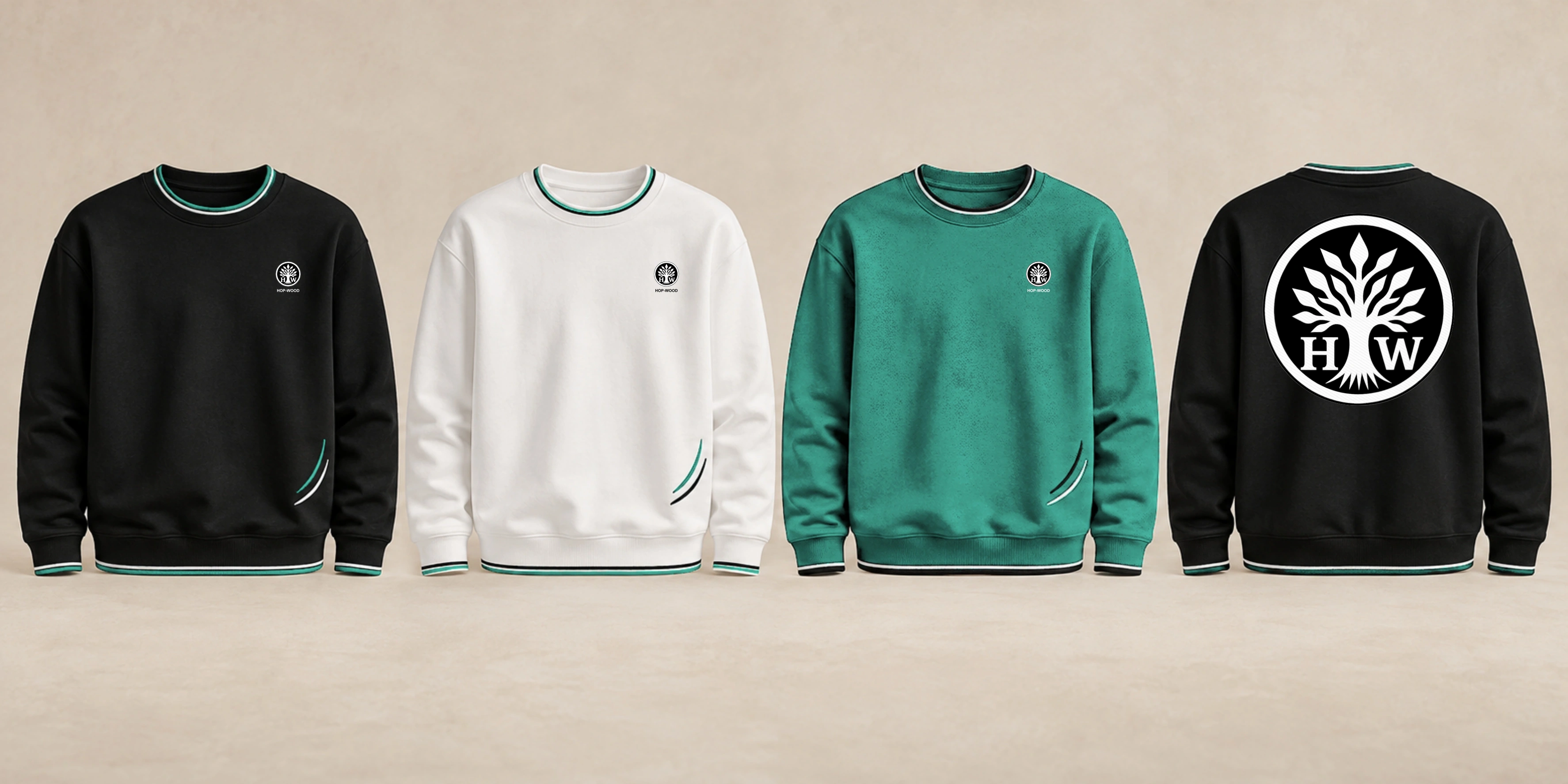 Crew-neck sweatshirt: black, white and green design previews with embroidered HOP-WOOD emblems