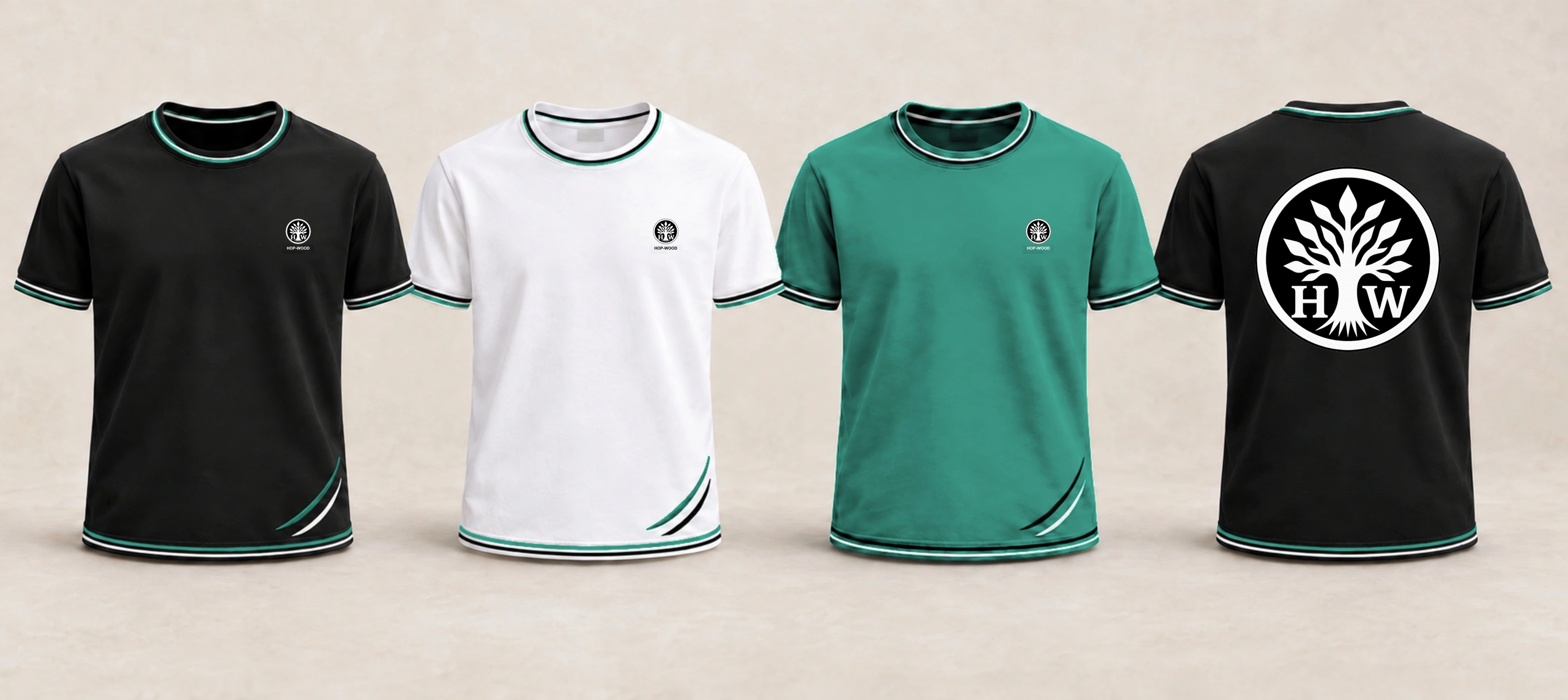 Crew-neck T-shirt: black, white and green design previews with embroidered HOP-WOOD emblems