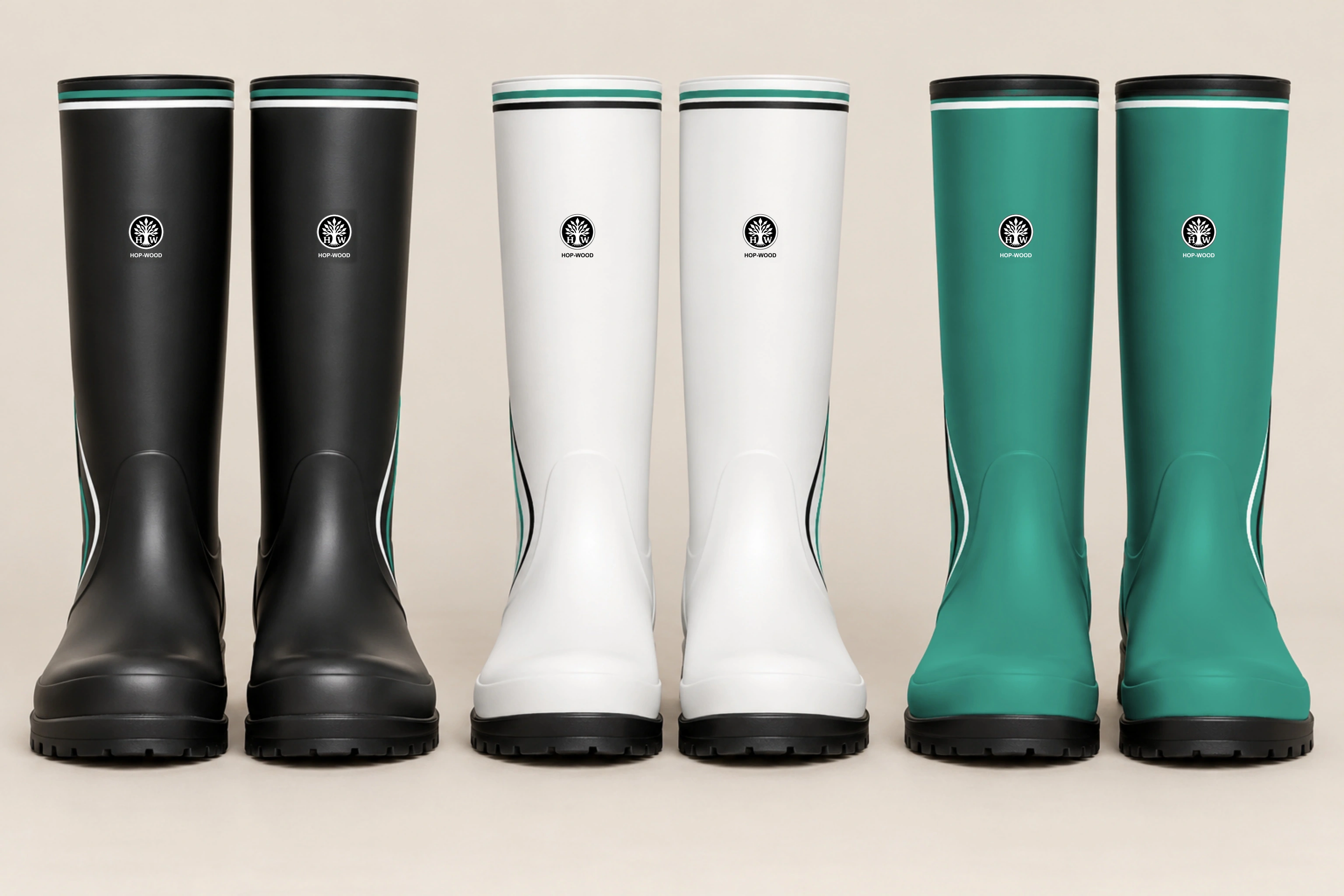 Wellington boots: black, white and green design previews with printed HOP-WOOD emblems