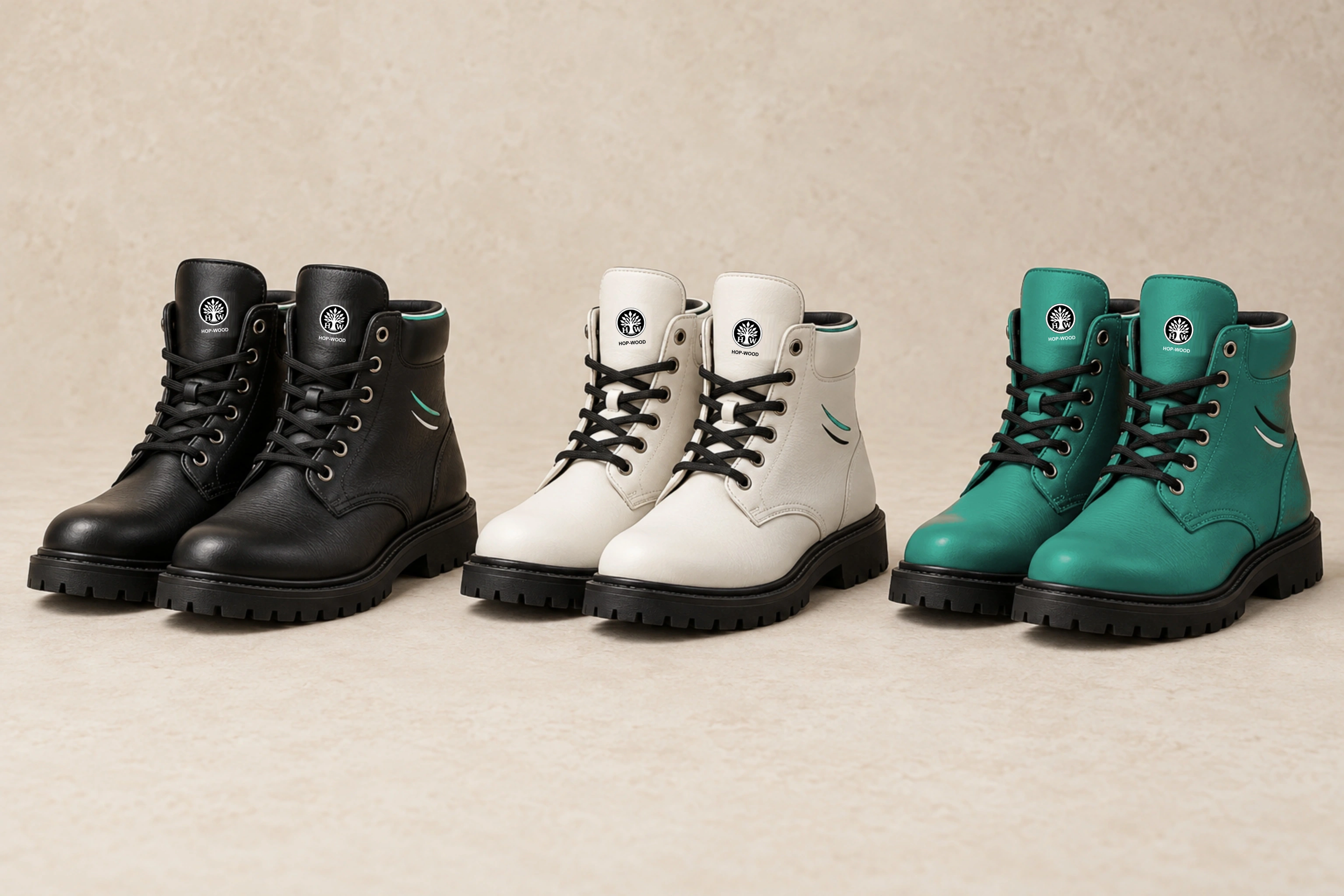 Work boots: black, white and green design previews with embroidered HOP-WOOD emblems